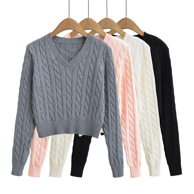 V-Neck Plain Cable Knit Crop Sweater Product Image