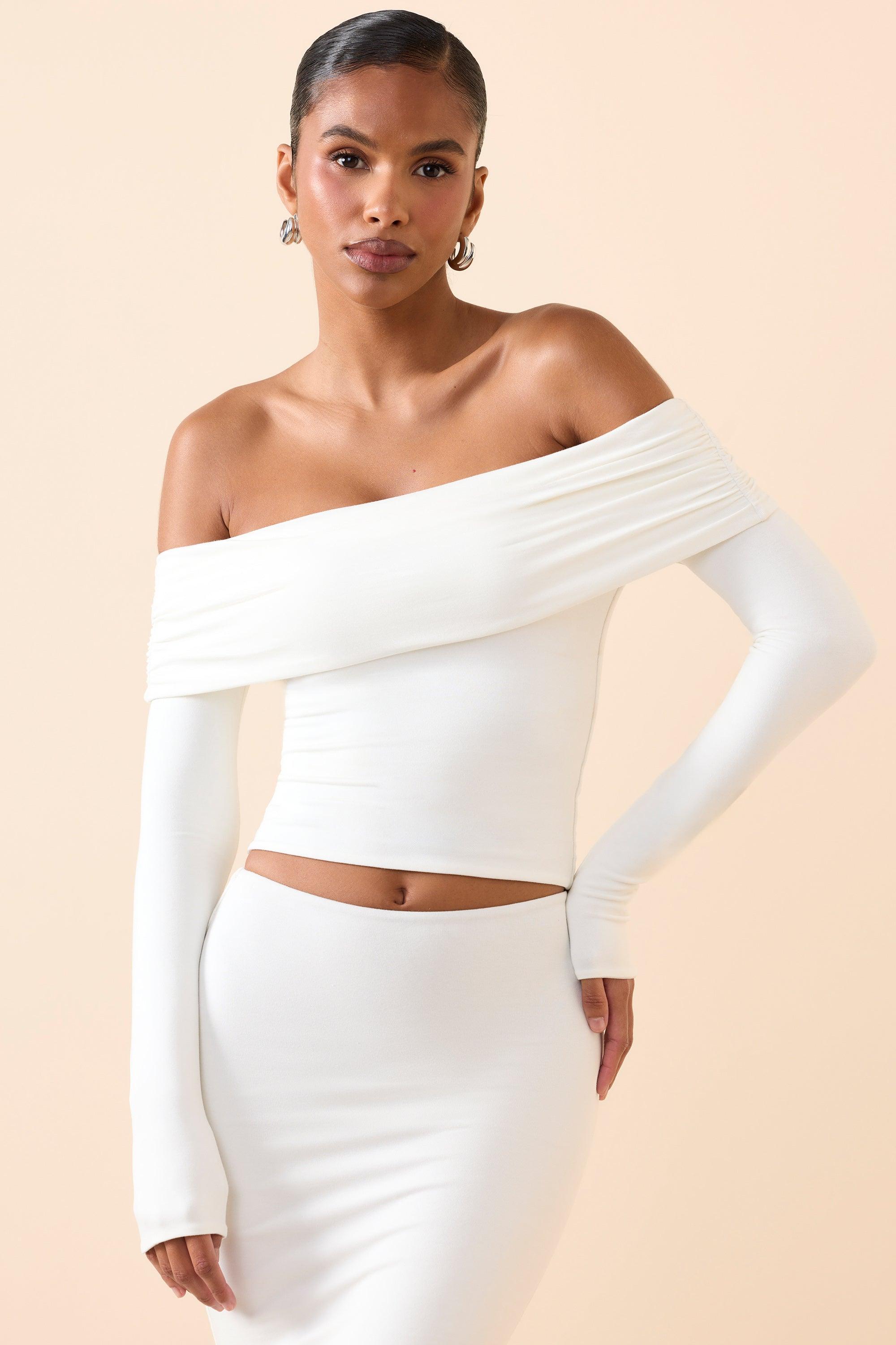 Modal Off-Shoulder Long-Sleeve Top in White Product Image