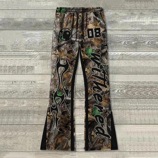 Sopula Contrast Color Forest Print Patchwork Flared Sweats Trousers Product Image