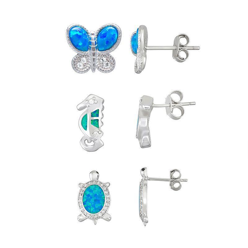 Sterling Silver Lab-Created Blue Opal & Cubic Zirconia Stud Earring Set, Womens Product Image