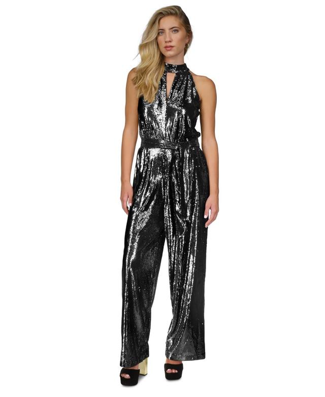 Womens Sequin Halter Wide-Leg Jumpsuit Product Image