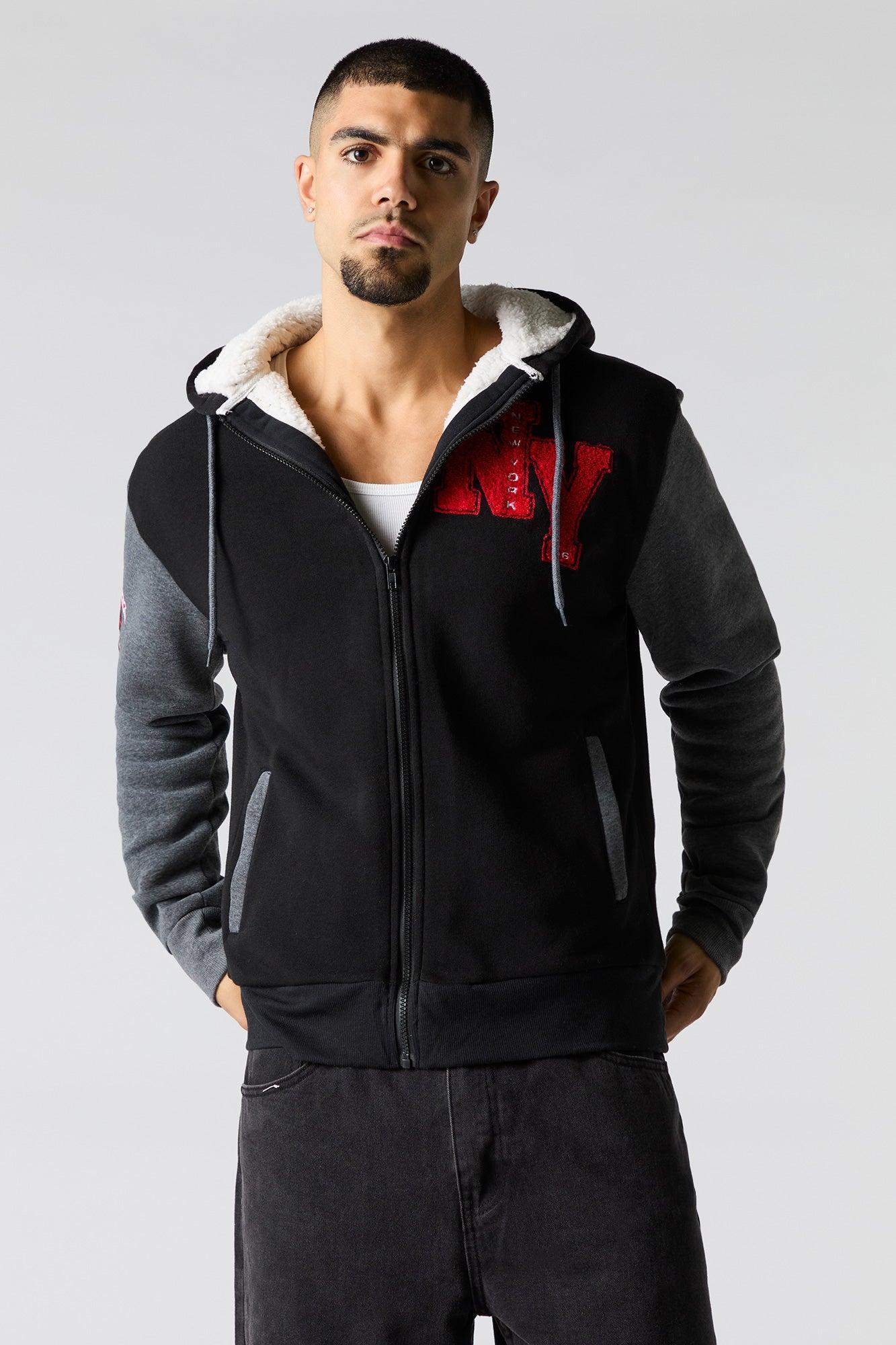 Chenille Embroidered Faux Fur Lined Zip-Up Hoodie Male Product Image