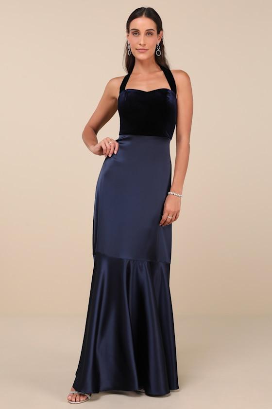 Mesmerizing Impression Navy Blue Mixed Media Halter Maxi Dress Product Image