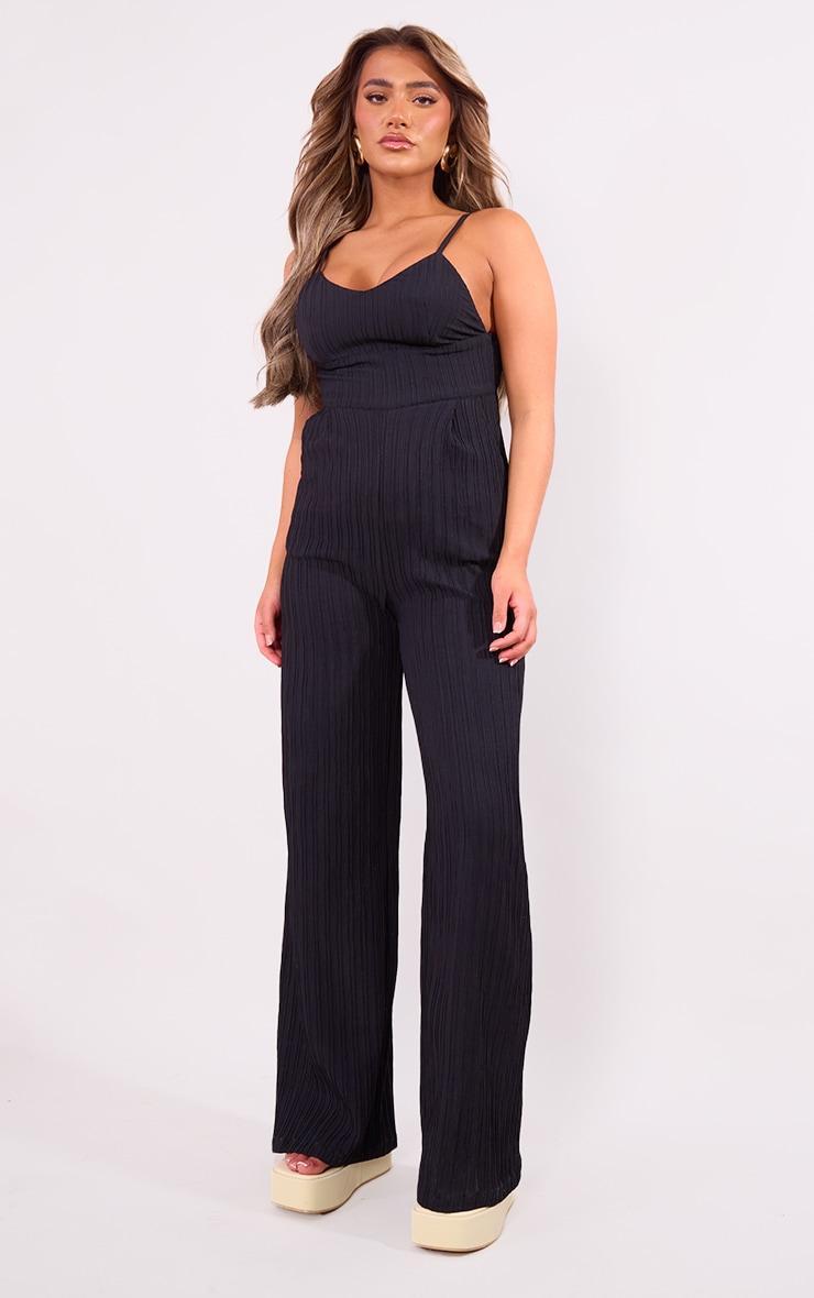 Black Strappy Textured Jumpsuit Product Image