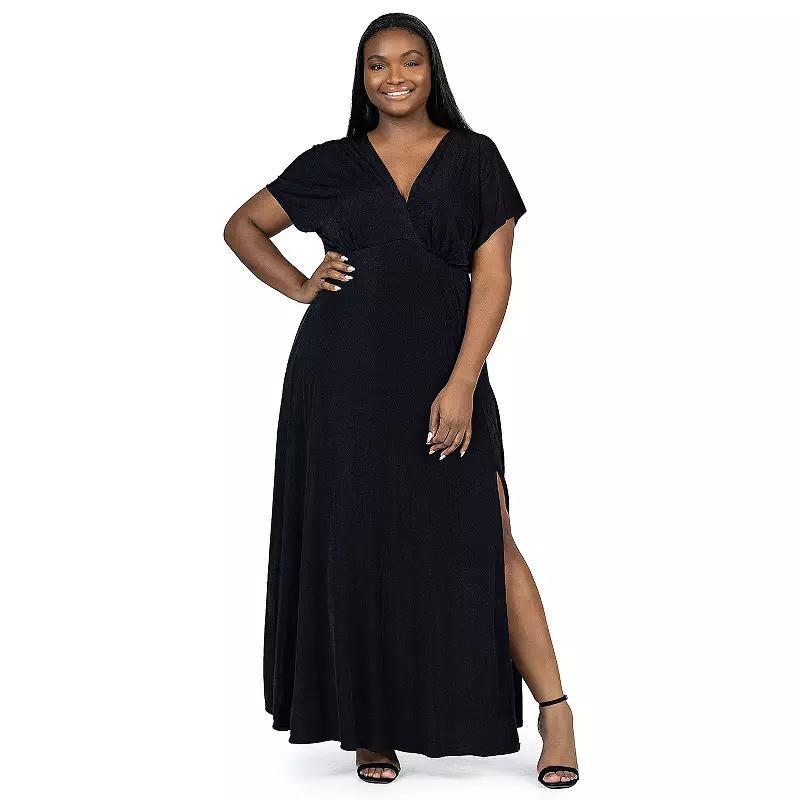 Plus Size 24Seven Comfort Apparel Flutter Sleeve Metallic Knit Maxi Dress Front Slit Empire Waist, Womens Product Image