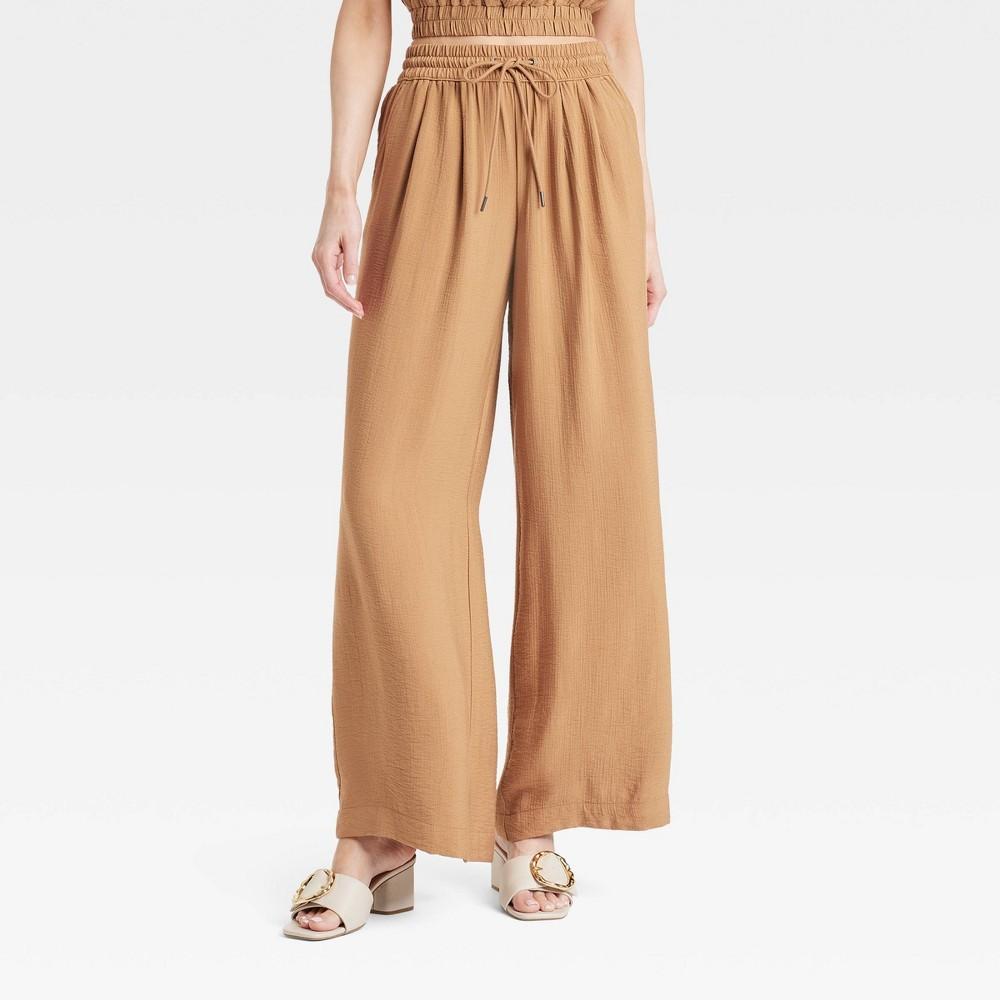 Womens High-Rise Modern Gauze Wide Leg Pull-On Pants - A New Day Tan XS Product Image