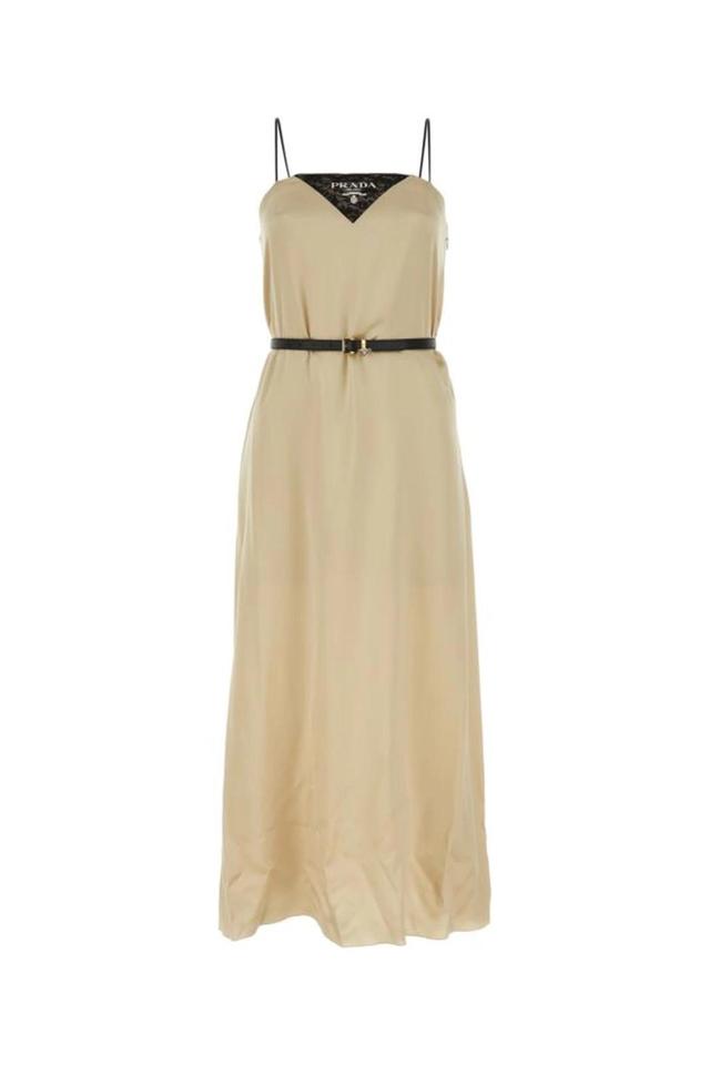 Crepe Satin Belted Dress In Beige Product Image