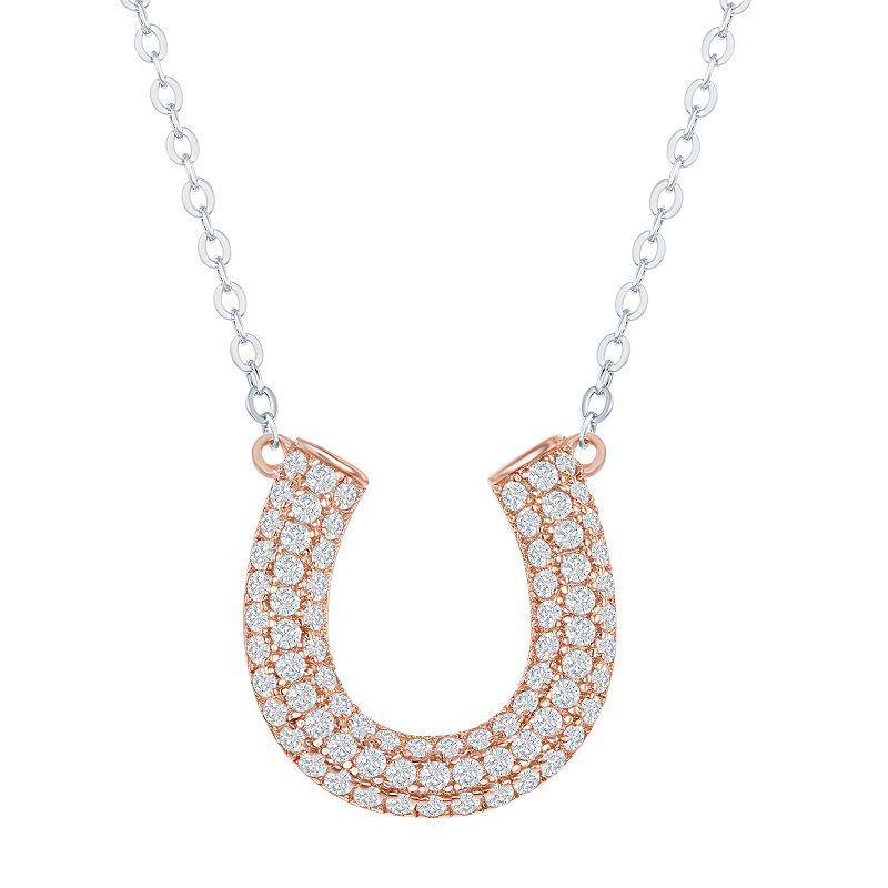 Sterling Silver Cubic Zirconia Horseshoe Necklace, Womens 14k Rose Gold Plated Product Image