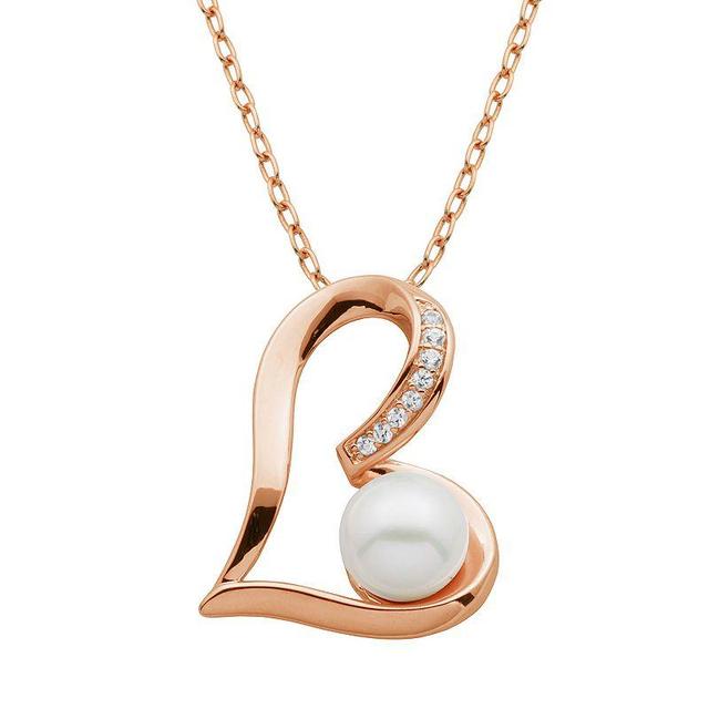 Freshwater Cultured Pearl and Lab-Created White Sapphire 18k Rose Gold Over Silver Heart Pendant Necklace, Womens Product Image