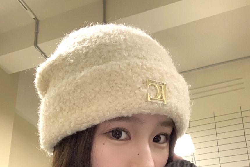 Metal Plate Faux Shearling Beanie Product Image