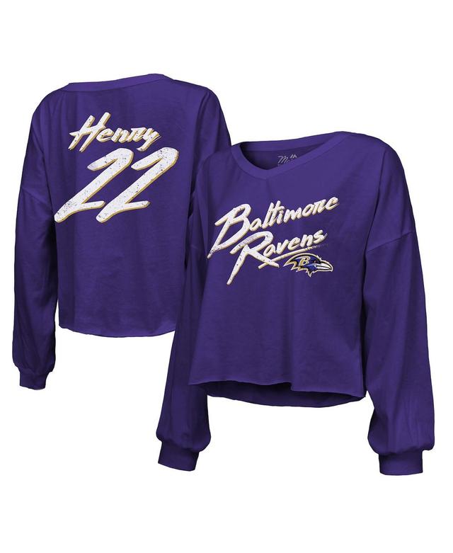 Majestic Womens Derrick Henry Purple Baltimore Ravens Name Number Off-Shoulder Script Cropped Long Sleeve V-Neck T-Shirt Product Image