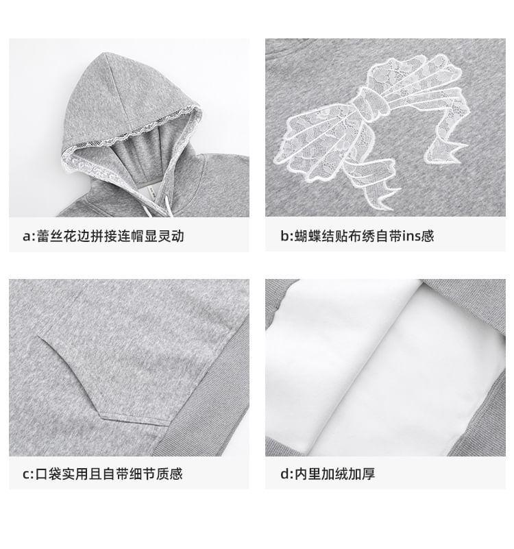 Bow Applique Lace Trim Fleece-Lined Hoodie Product Image