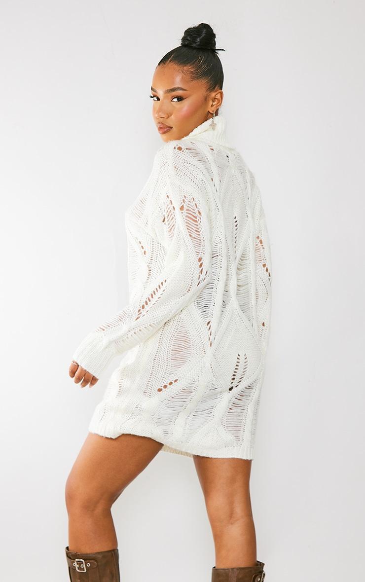 Cream Extreme Distressed Knitted Sweater Dress Product Image