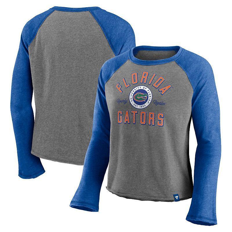 Womens Fanatics Branded Heathered Gray/Heathered Royal Florida Gators Competitive Edge Cropped Raglan Long Sleeve T-Shirt Product Image