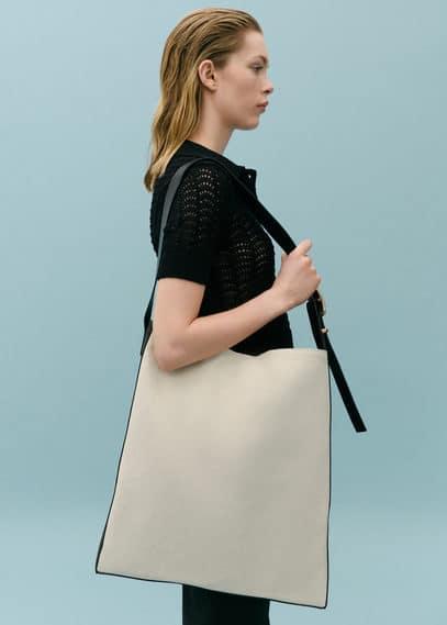 MANGO - Contrast-leather canvas maxi bag - One size - Women Product Image