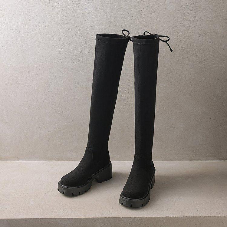 Block Heel Plain Over-The-Knee Boots Product Image