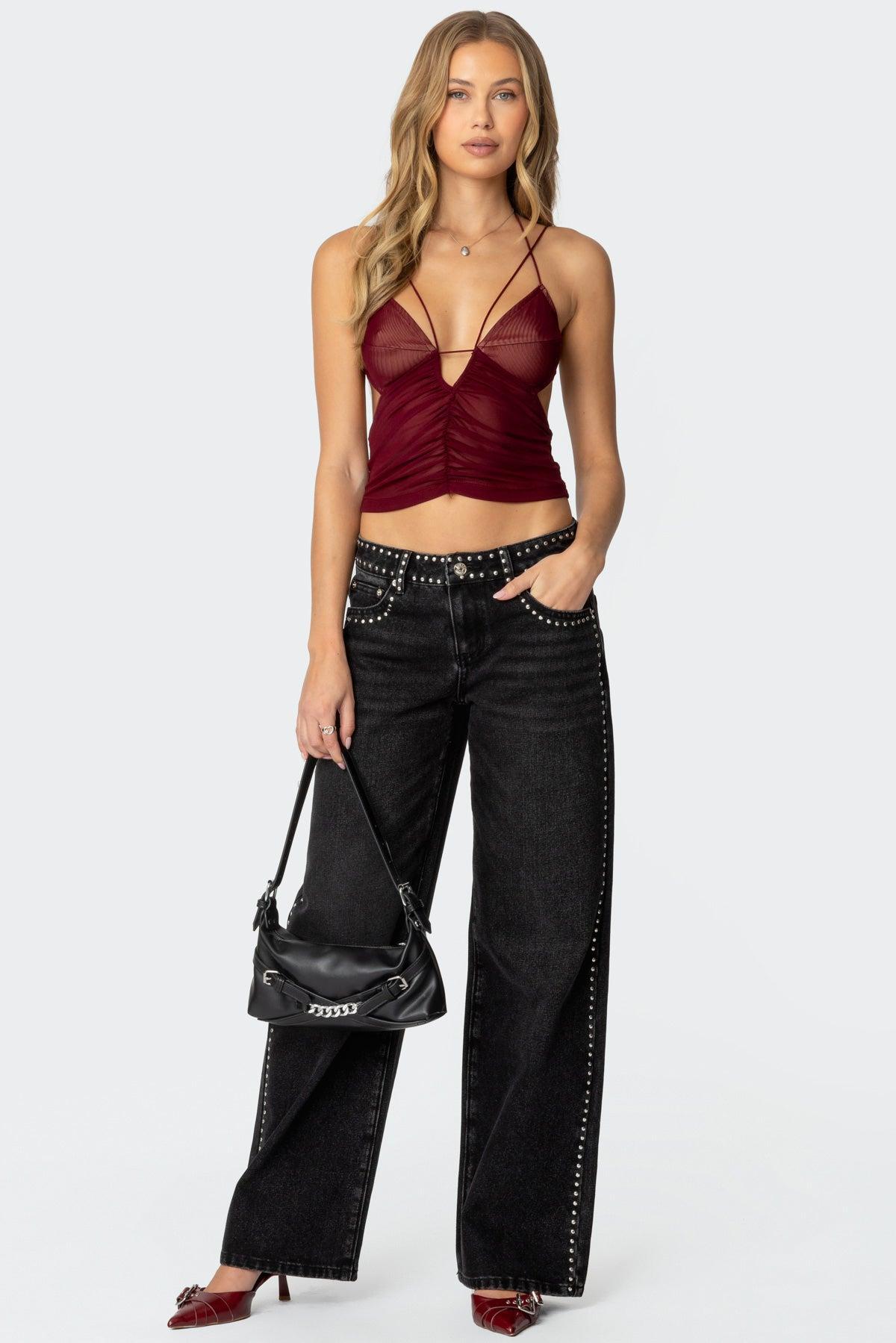 Strappy Ruched Mesh Top Product Image