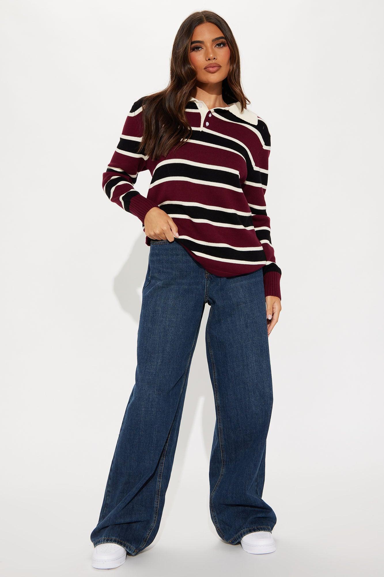 Playin' Cool Striped Polo Sweater - Wine/combo Product Image