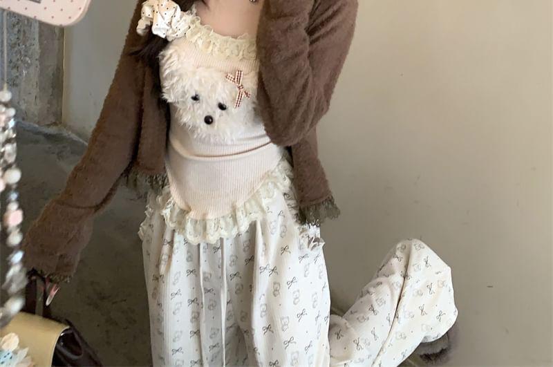 Plain Lace Trim Cardigan / Dog Embroidered Camisole Top / Drawstring Waist Bow Print Wide Leg Pants Product Image