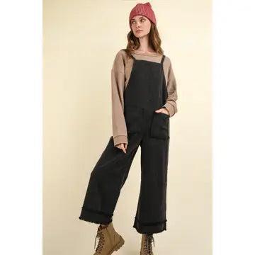 Black Washed Cotton Twill Solid Overalls Jumpsuit Female Product Image