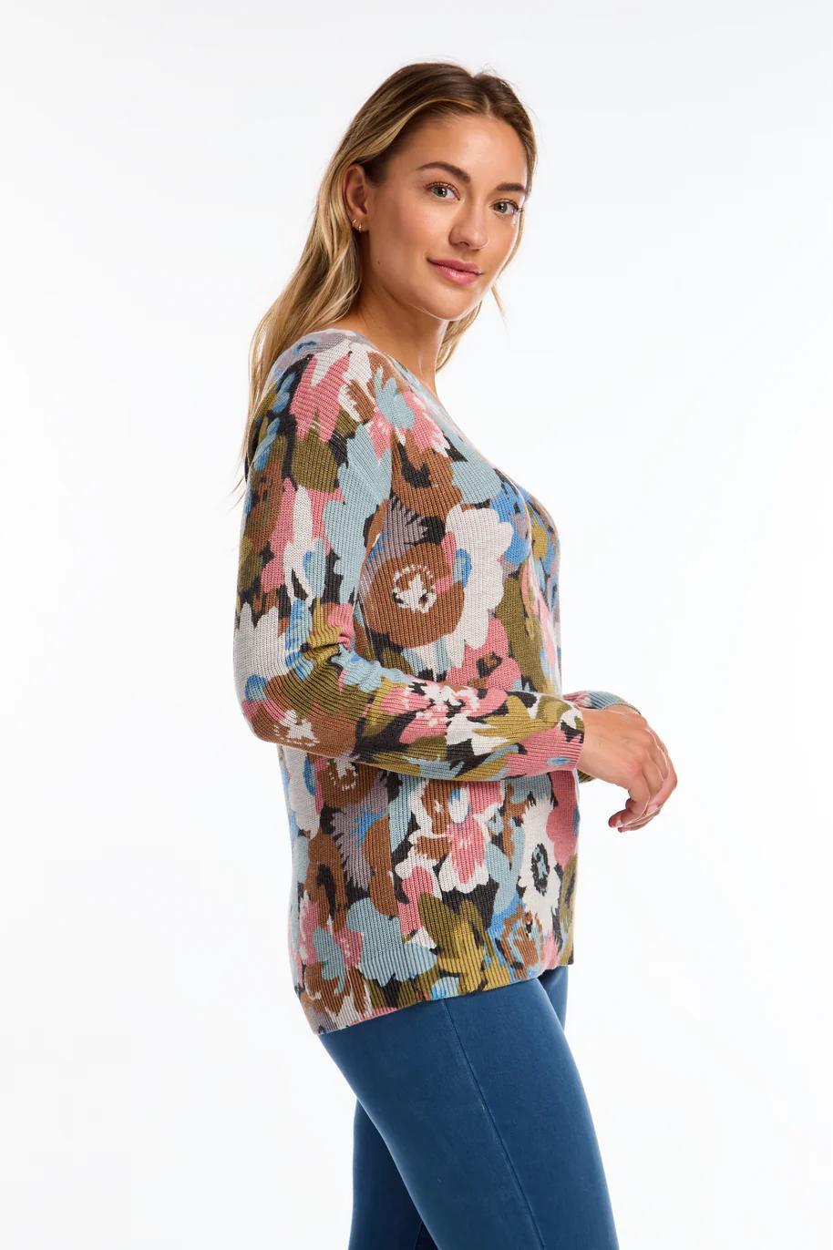 V Neck Floral Knit Sweater Product Image