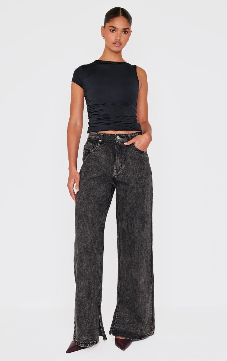 Dark Grey High Rise Split Hem Wide Leg Jeans Product Image