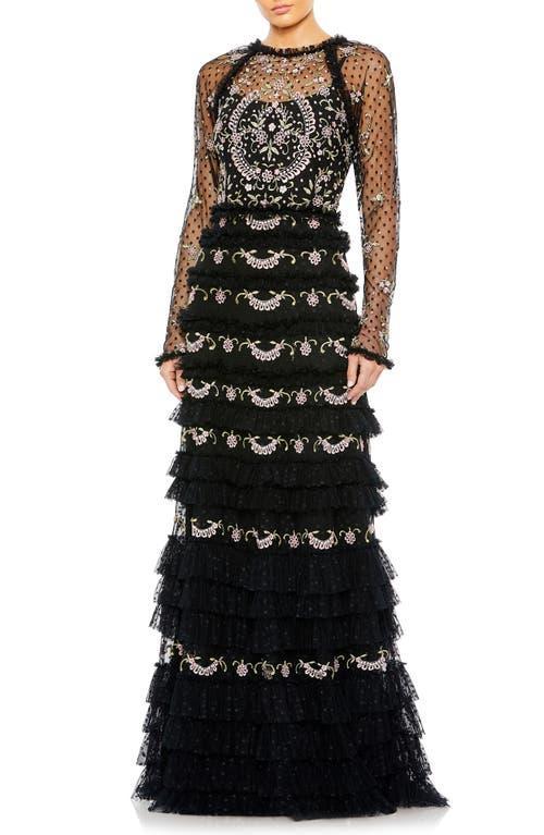 Mac Duggal Polka Dot Print Illusion Crew Neck Long Mesh Sleeve Tiered Ruffled Gown Product Image