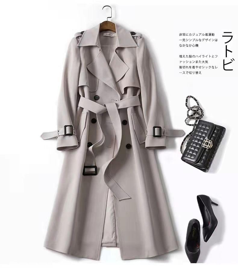 Lapel Collar Plain Midi Double-Breasted Trench Coat Product Image