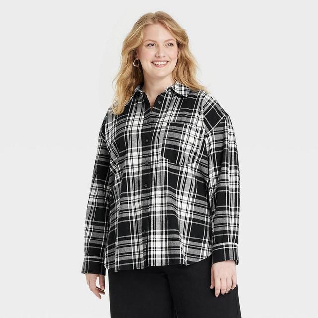 Womens Oversized Flannel Long Sleeve Collared Button-Down Shirt - Universal Thread Black Plaid 3X Product Image