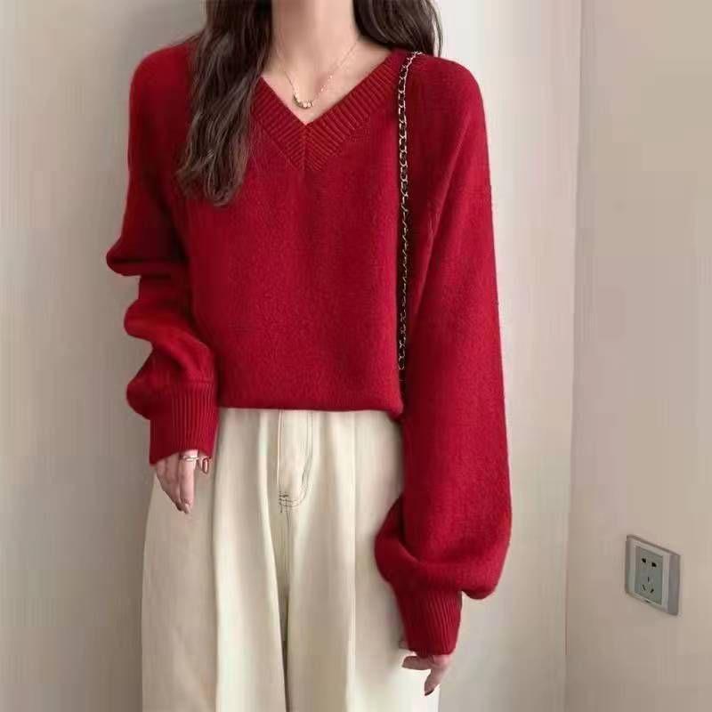 V-Neck Plain Sweater Product Image