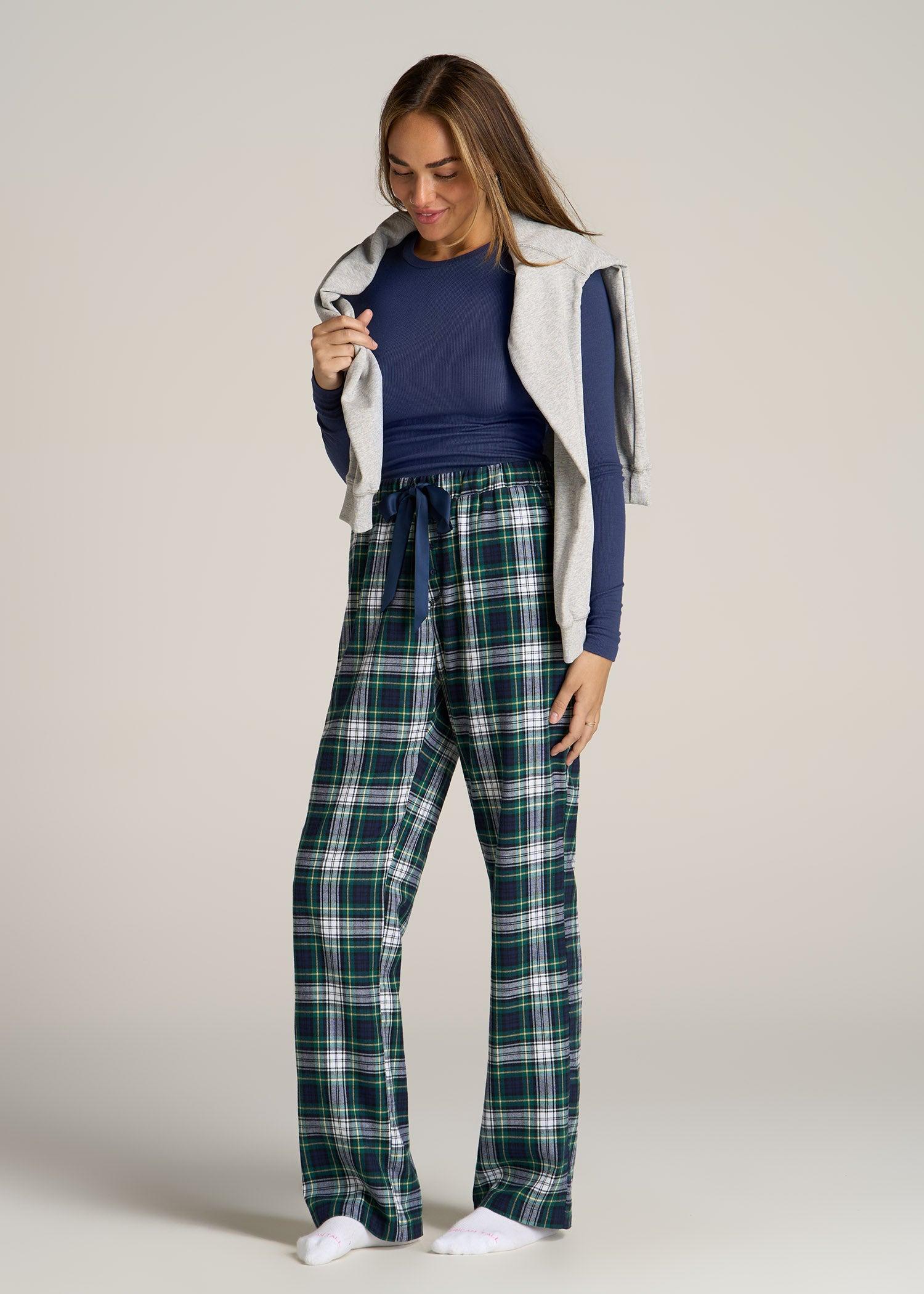 Open-Bottom Flannel Women's Tall Pajama Pants in Green and Navy Tartan Female Product Image