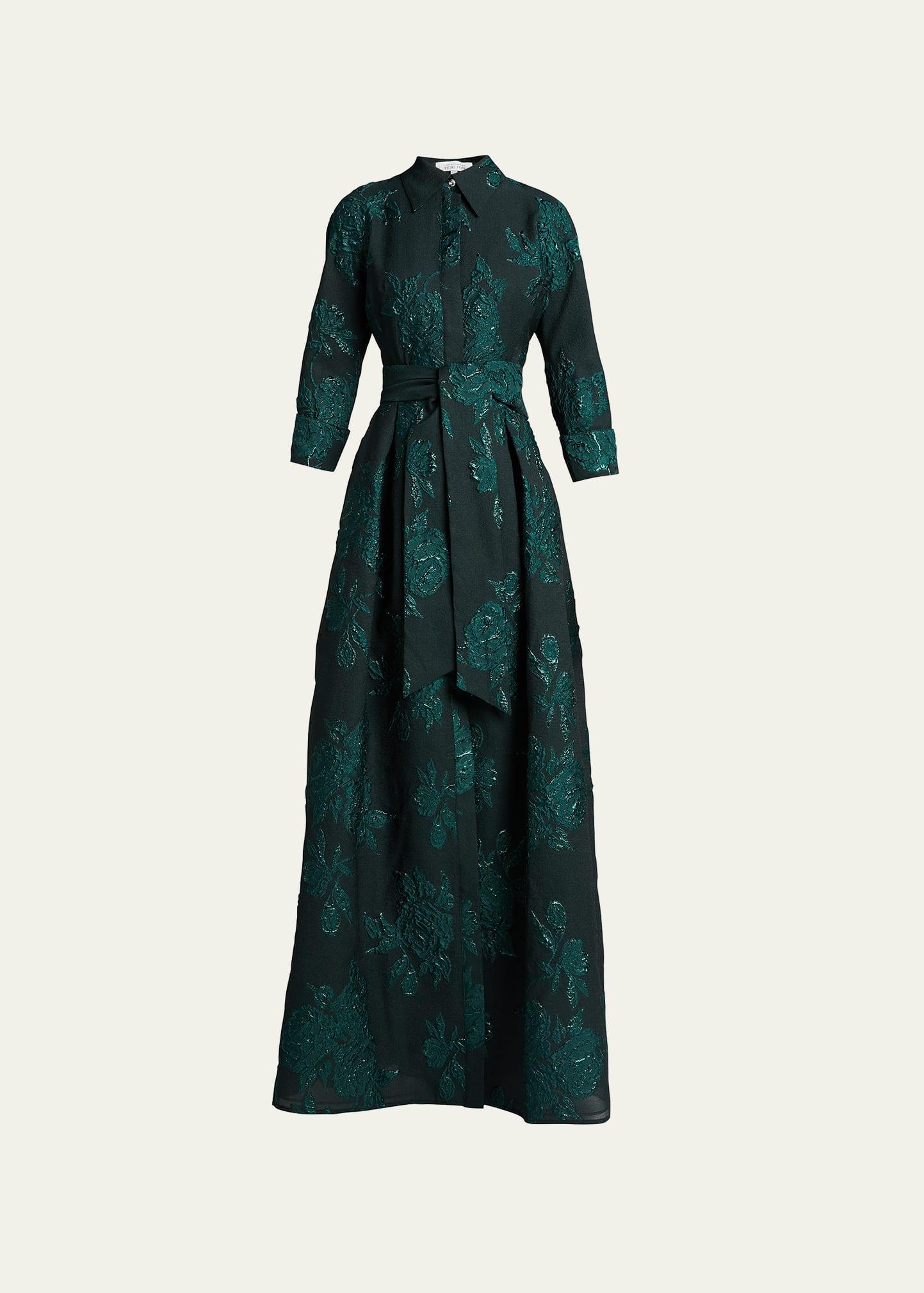 Womens Three-Quarter Sleeve Metallic Jacquard Shirt Waist Gown Product Image