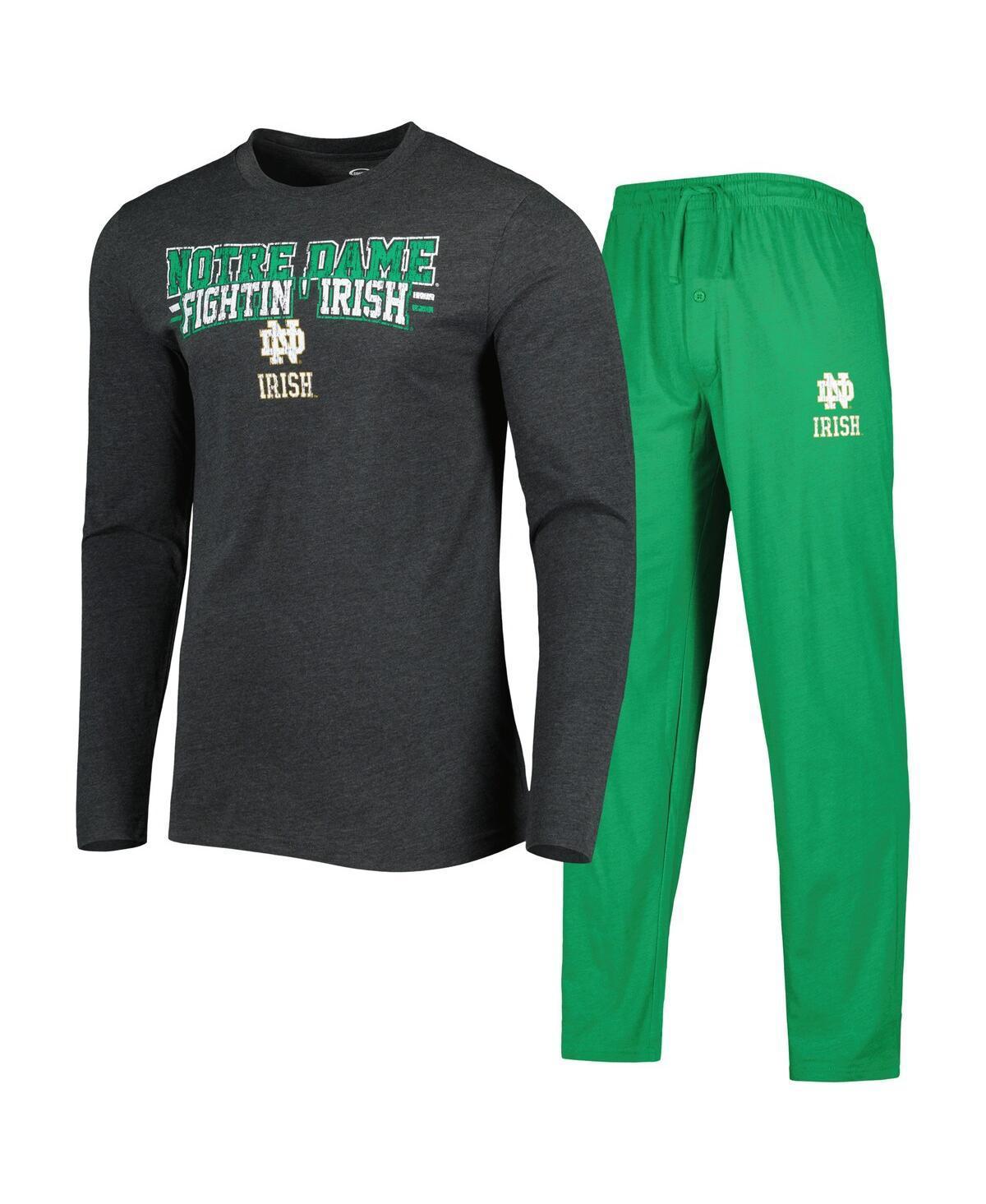 Mens Concepts Sport Heathered Green, Heathered Charcoal Distressed Notre Dame Fighting Irish Meter Long Sleeve T-shirt Pants Sleep Set - Heather Gree Product Image