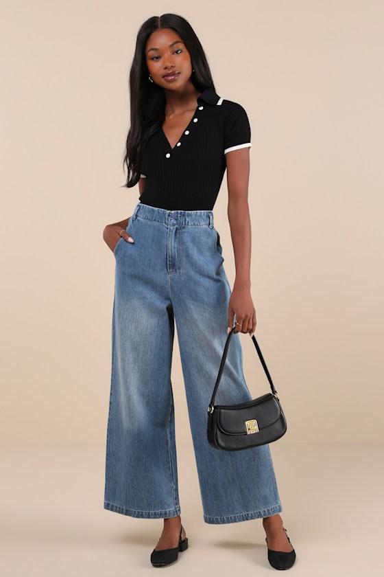 Trending Outlook Medium Wash High-Rise Wide-Leg Jeans product image