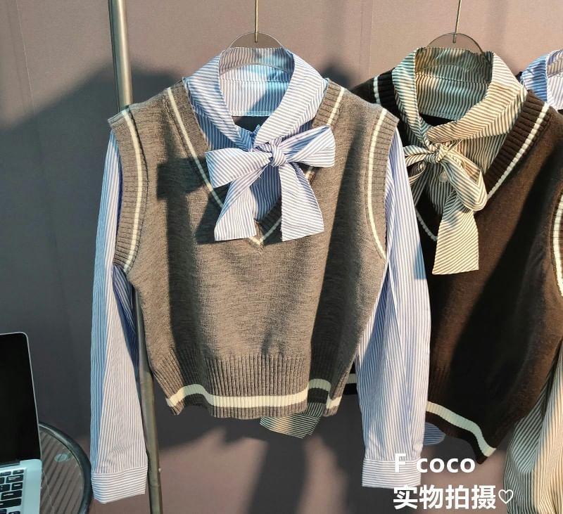 Long-Sleeve Stand Collar Mock Two-Piece Striped Knit Panel Tie Front Blouse Product Image