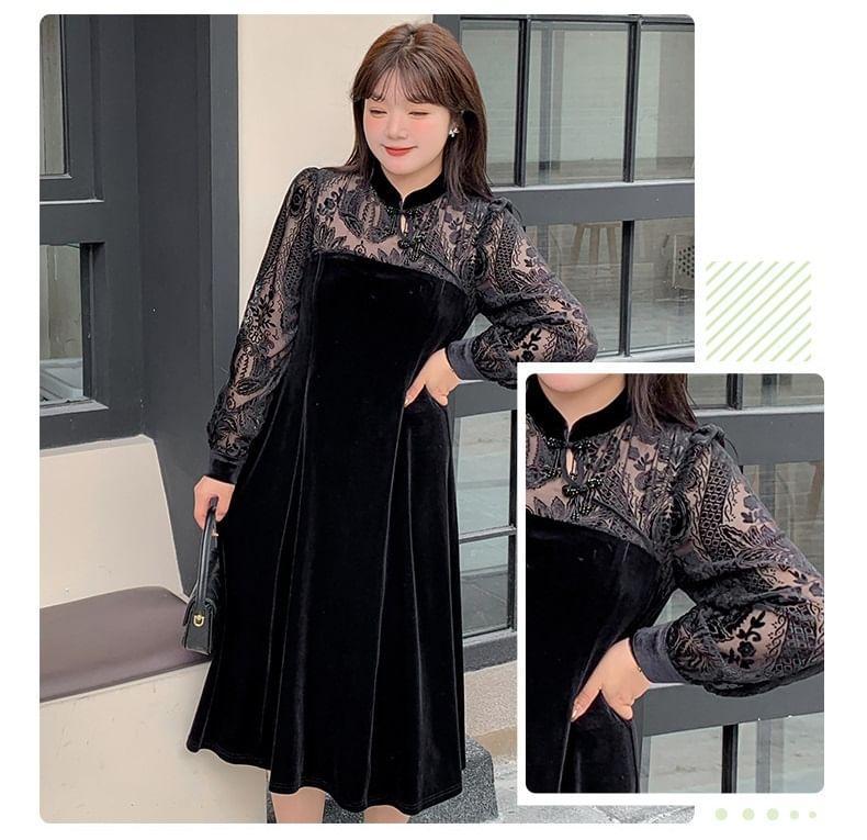 Plus Size Long-Sleeve Mandarin Collar Print Panel Velvet Midi A-Line Dress Product Image