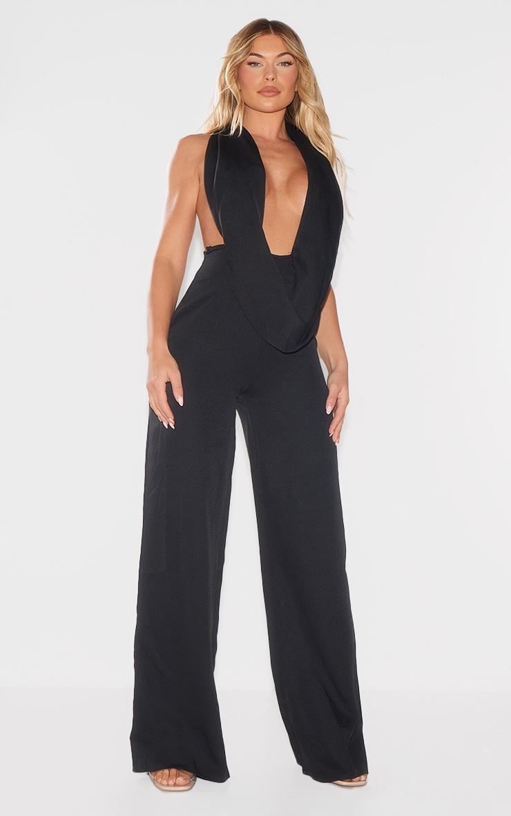 Black Plunge Cowl Neck Drape Jumpsuit Product Image