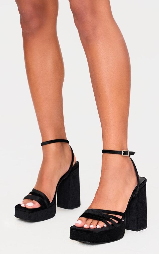 Black Velvet Square Toe Strappy Block Platform Heels Product Image