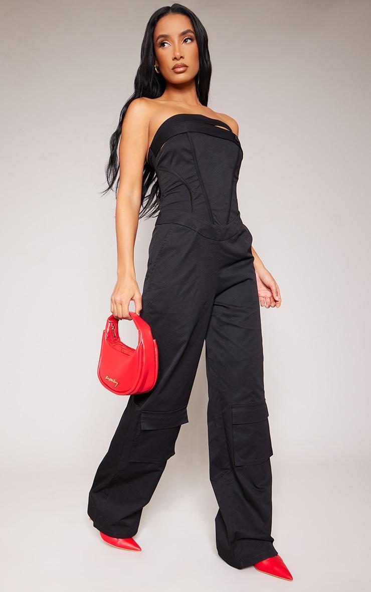 Black Corset Detail Utility Flared Bandeau Jumpsuit Product Image