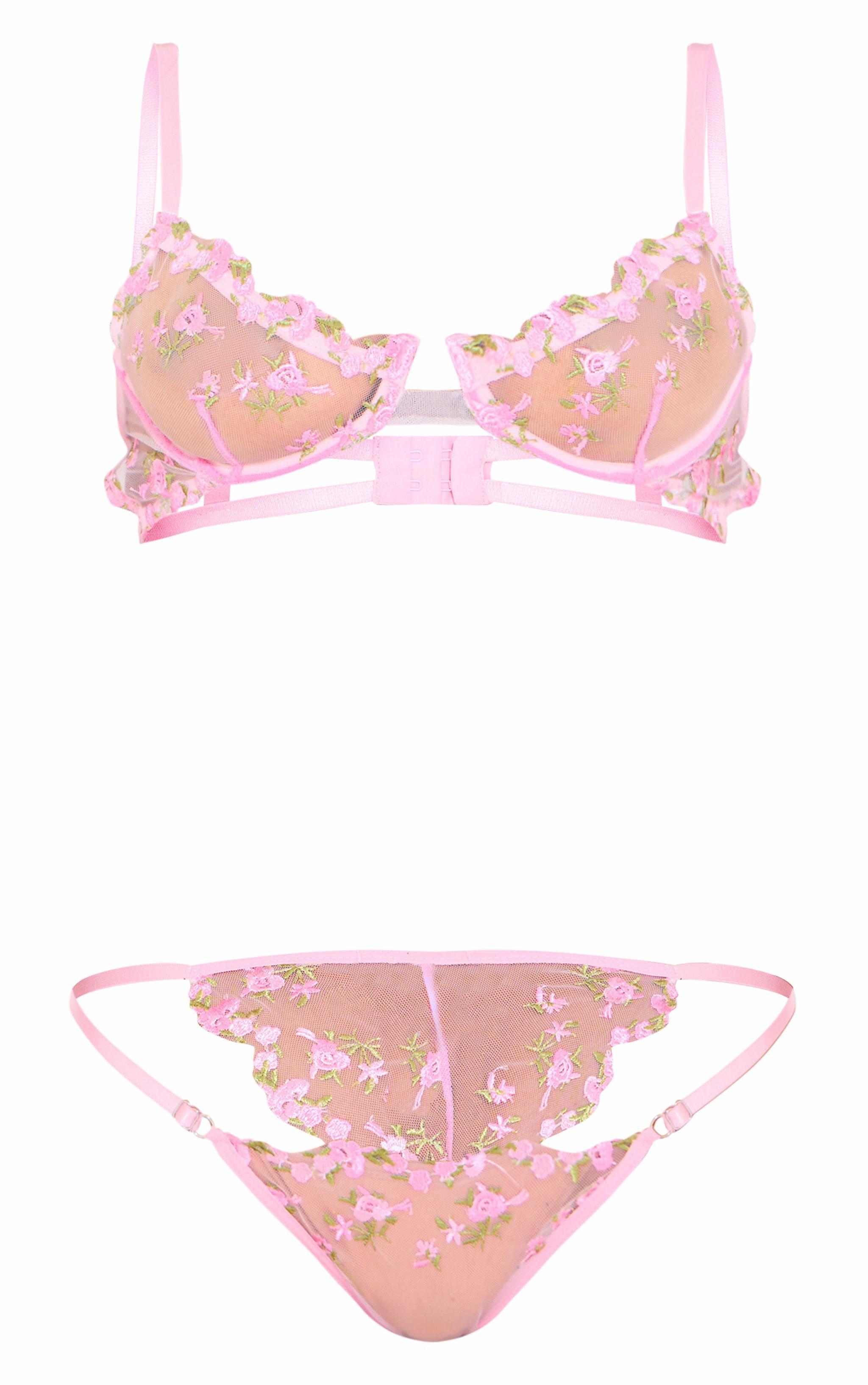 Pink Mesh Floral Embroidery Lingerie Set Product Image