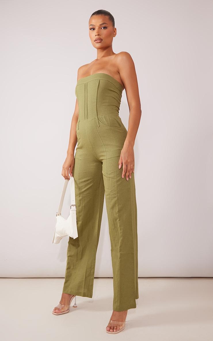 Khaki Linen Look Bandeau Tailored Jumpsuit Product Image