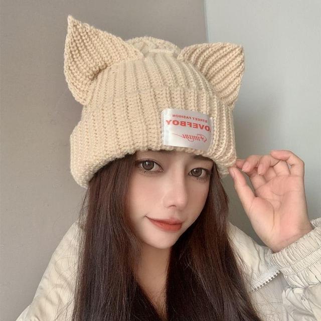 Cat Ear Lettering Applique Knit Beanie Product Image