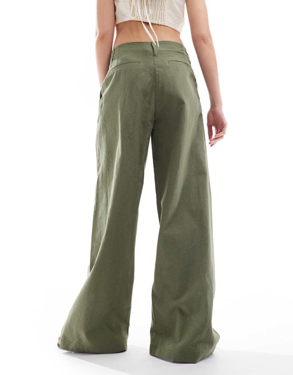 Monki linen mix tailored wide leg pants in khaki Product Image