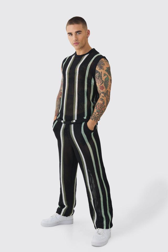 Oversized Open Stitch Stripe Knitted Tank & Pants Set | boohooMAN USA Product Image