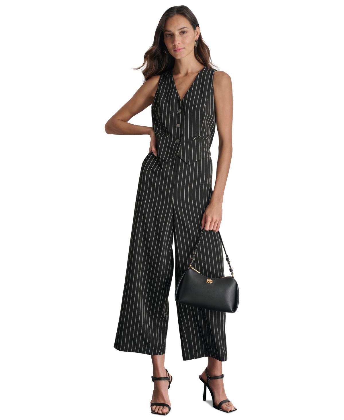 Dkny Womens V-Neck Pinstripe Sleeveless Jumpsuit - Black Product Image