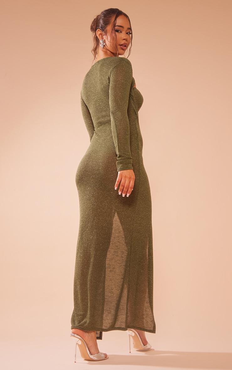 Khaki Sheer Glitter Long Sleeve Cut Out Maxi Dress Product Image