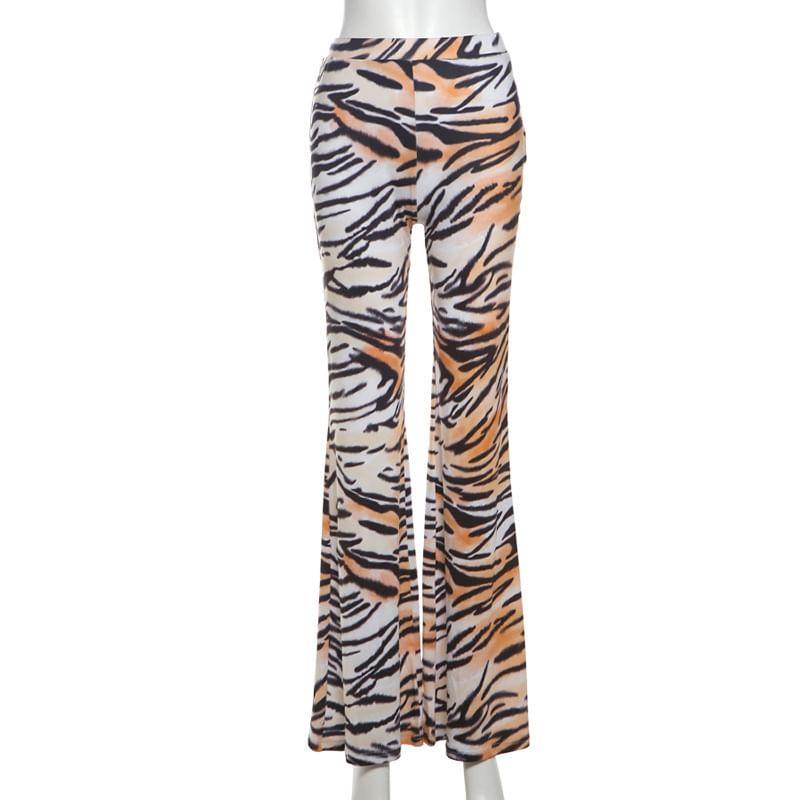 High Waist Tiger Print Flared Pants Product Image