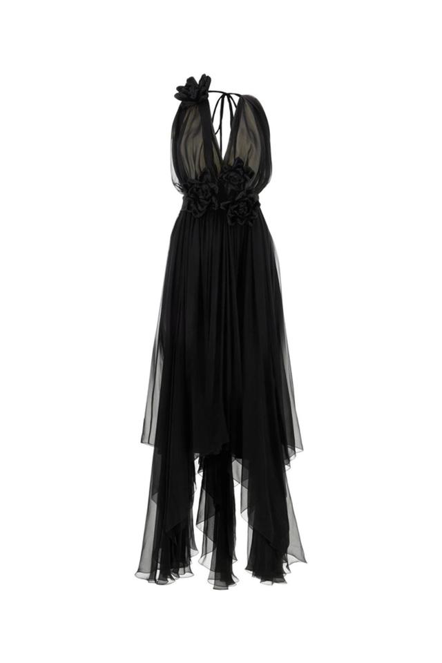 DOLCE & GABBANA Floral Patch Long Chiffon Dress In Black Product Image