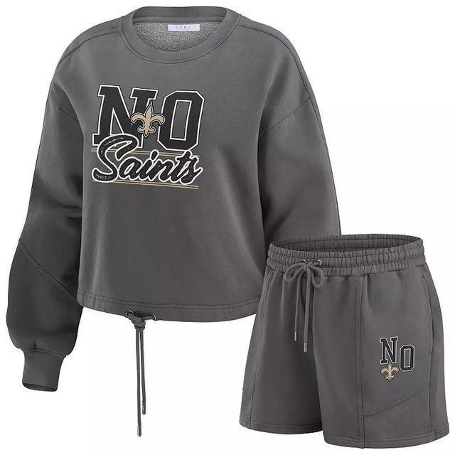 Womens WEAR by Erin Andrews New Orleans Saints Washed Fleece Long Sleeve T-Shirt & Shorts Lounge Set Product Image