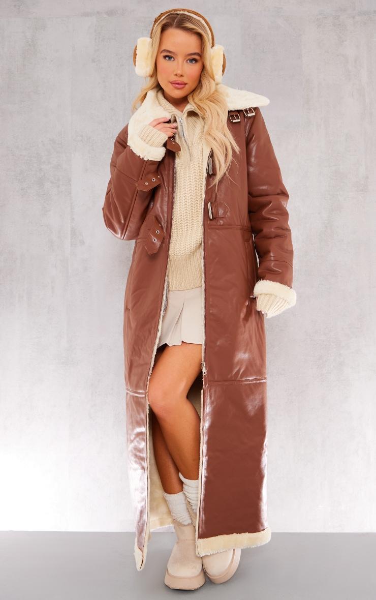 Brown Faux Leather Longline Aviator Belt Detail Coat Product Image